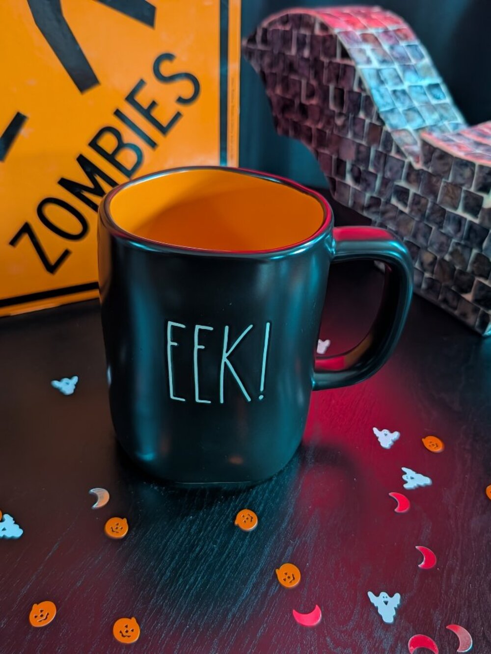 Rae Dunn EEK! Black w/ Orange Halloween Mug New
